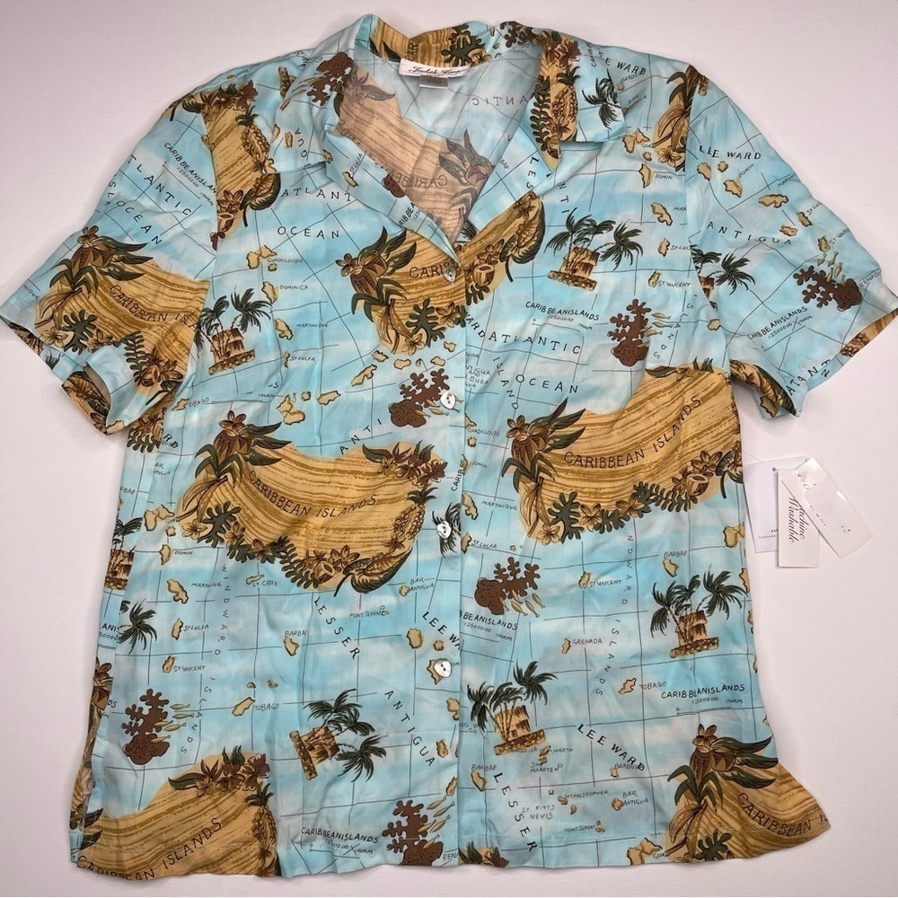Judith Hart Shirt Caribbean Hawaiian Button Blue Tropical  Summer Vacation New